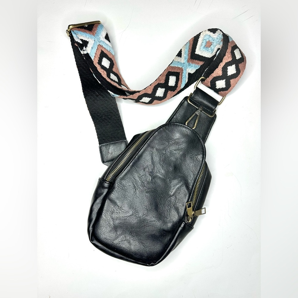 Black Vegan Leather Sling Back Bag with Embroidered Shoulder strap